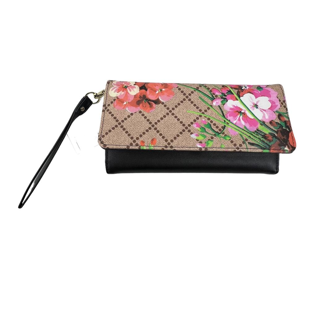 AR New York Wallet A502-1 Floral Black Tan Clutch Wristlet NEW Zipper Pockets